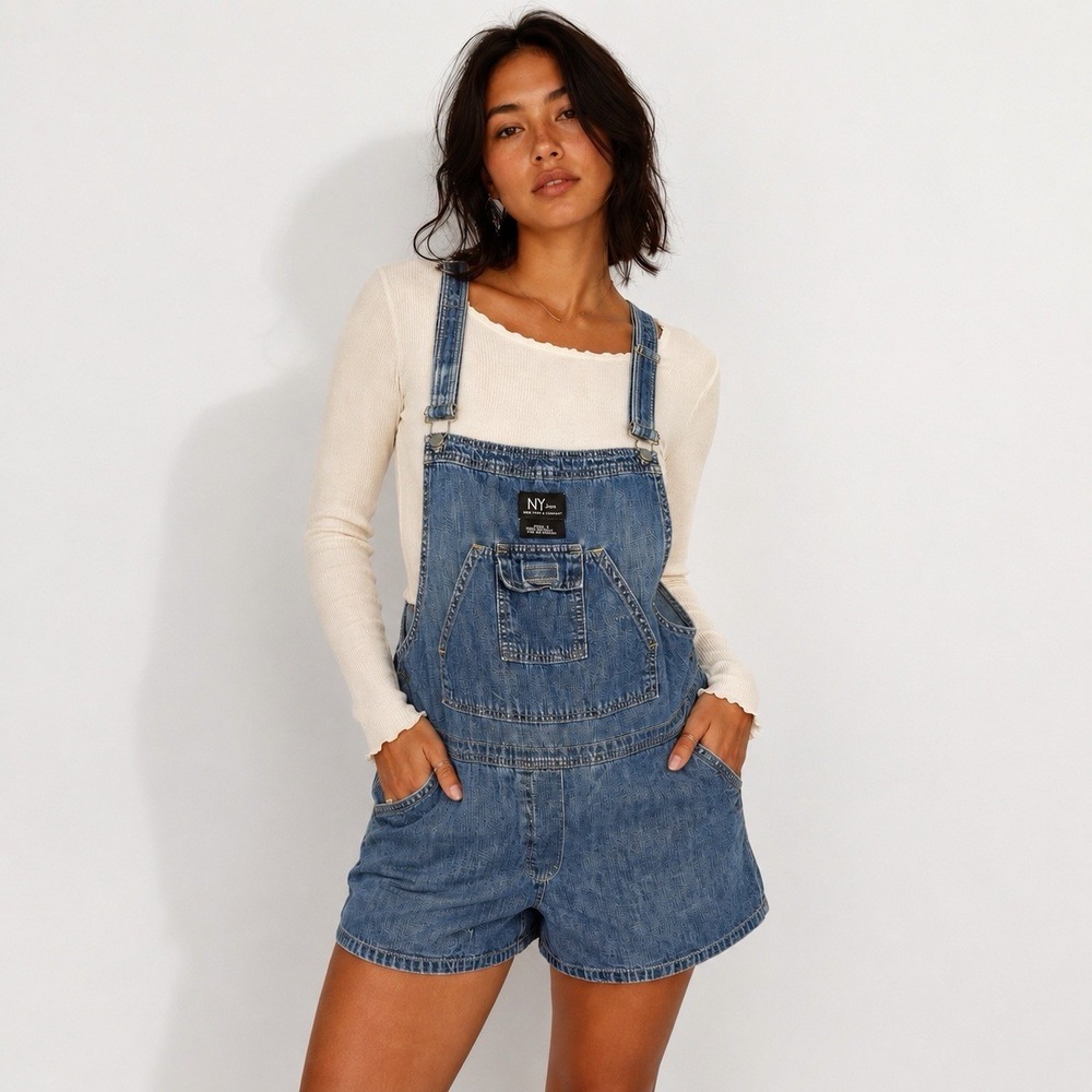 Vintage NY Jeans denim short overalls women's size Large gardening festival Y2K‎